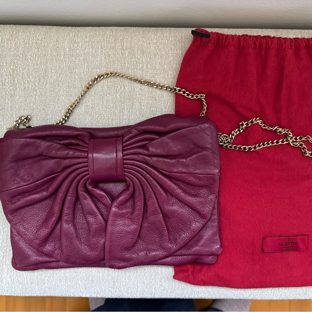 Valentino Burgundy Leather Clutch with Gold Chain